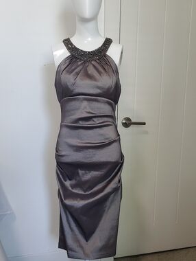 Cache Gunmetal Satin Midi Dress with Beaded Halter Neck